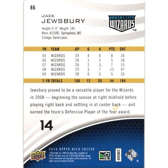 Jack Jewsbury Kansas City Wizards SIGNED Upper Deck 2010 #86 Soccer Card - Picture 2 of 2